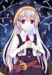  ascot commentary_request covered_mouth flower holding hood long_hair looking_at_viewer original purple_eyes silver_hair solo tsukino_neru 