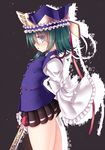  ass blue_eyes breasts from_side green_hair hat long_sleeves microskirt moura_(kenyuugetu) open_mouth rod_of_remorse shiki_eiki skirt small_breasts solo touhou wide_sleeves 