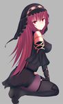  bodysuit breasts fate/grand_order fate_(series) full_body highres kesoshirou long_hair looking_at_viewer medium_breasts pauldrons purple_hair red_eyes scathach_(fate)_(all) scathach_(fate/grand_order) simple_background solo veil 