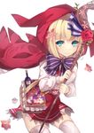  aqua_eyes bangs basket blonde_hair blush cape cowboy_shot flower grimms_notes hair_flower hair_ornament hood little_red_riding_hood little_red_riding_hood_(grimms_notes) short_hair skirt solo staff thighhighs white_legwear yamai_fake 