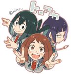  :&gt; asui_tsuyu bangs black_hair blunt_bangs blush_stickers boku_no_hero_academia brown_eyes brown_hair double_v earlobes eyelashes from_above green_hair jirou_kyouka jitome mikanmochi multiple_girls outline school_uniform twitter_username u.a._school_uniform uraraka_ochako v 