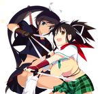  absurdres asuka_(senran_kagura) black_serafuku blue_eyes brown_eyes brown_hair high_ponytail highres homura_(senran_kagura) katana long_hair multiple_girls official_art plaid plaid_skirt scan school_uniform senran_kagura senran_kagura_shoujo-tachi_no_shin'ei serafuku simple_background skirt sword weapon white_background yaegashi_nan 