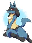  2016 ambiguous_gender anthro arm_support blue_fur canine digitigrade fur leaning looking_at_viewer lucario mammal nintendo pok&eacute;mon red_eyes ruri_tsubame simple_background sitting smile solo spikes thick_thighs tongue tongue_out video_games white_background yellow_fur 