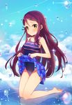  ayamy barefoot competition_swimsuit highres kneeling long_hair love_live! love_live!_sunshine!! one-piece_swimsuit purple_hair ripples sakurauchi_riko skirt skirt_lift smile solo swimsuit swimsuit_under_clothes yellow_eyes 