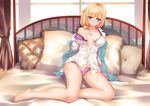  absurdres barefoot bed blonde_hair blue_eyes bra breasts breasts_apart cameltoe dress_shirt hair_over_shoulder highres large_breasts looking_at_viewer low_ponytail off_shoulder on_bed onceskylark open_bra open_clothes open_shirt panties pillow purple_bra purple_panties rodney_(zhan_jian_shao_nyu) shirt short_hair sitting sitting_on_bed smile solo underwear zhan_jian_shao_nyu 