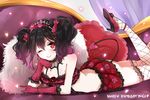  black_hair bow couch demon_tail fishnet_legwear fishnets gloves hair_bow love_live! love_live!_school_idol_project lying on_stomach one_eye_closed purin_(purin0) red_eyes solo tail thighhighs tiara twintails yazawa_nico 
