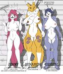  2016 3_fingers 3_toes 4_toes angry anthro big_breasts black_sclera blue_fur blue_hair breasts canine crossover dialogue digimon dipstick_tail feline female fox fur gloves_(marking) green_eyes group hair jenny_(bucky_o&#039;hare) krystal lineup long_hair looking_at_viewer mammal markings multicolored_tail navel neck_tuft nintendo nipples nude pink_hair pussy renamon sailoranna socks_(marking) standing star_fox text toes translucent_hair tuft video_games white_fur yellow_fur 