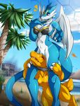  2016 absurd_res agumon anthro bikini blue_skin breasts claws clothing digimon dinosaur dragon exveemon female hi_res nude pussy suddenhack swimsuit video_games wings yellow_skin 