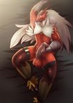  2016 agitype01 anthro athletic avian balls black_penis blaziken blue_eyes clothing erection feathers humanoid_penis legwear looking_at_viewer lying male nintendo on_back open_mouth penis pok&eacute;mon precum presenting raised_arm red_feathers solo stockings sweat talons thick_penis thick_thighs thigh_highs video_games 