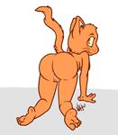  2016 4_fingers 4_toes all_fours anthro anus beetblood butt cat feline female fur looking_back mammal nude orange_fur pussy raised_tail rear_view simple_background smile solo toes whiskers white_background yellow_eyes 