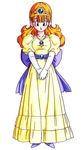  dragon_quest dress elbow_gloves full_body gloves green_eyes hands_together jewelry long_hair looking_at_viewer orange_hair pendant princess_laura puffy_sleeves simple_background solo tiara toriyama_akira v_arms white_background white_gloves 