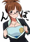  akizuki_ritsuko breasts folded_ponytail glasses highres idolmaster idolmaster_(classic) jabara_tornado large_breasts ponytail smile solo undressing 