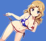  american_flag_bikini bikini blonde_hair blue_eyes blush breasts cleavage collarbone commentary_request flag_print girls_und_panzer kay_(girls_und_panzer) large_breasts long_hair looking_at_viewer nanashino navel side-tie_bikini smile solo swimsuit 