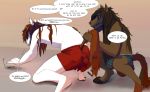  anthro anthro_on_anthro biped bulge clothed clothing dialogue duo english_text equine feces fur hair horse jager-darklite jager_(jager-darklite) male male/male mammal onomatopoeia pooping scat simple_background soiling sound_effects speech_bubble text topless trebor_dnalget 