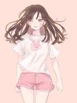  a_nz animal_print bad_id bad_pixiv_id bangs brown_eyes brown_hair bunny_print casual cowboy_shot d.va_(overwatch) eyebrows eyebrows_visible_through_hair facepaint facial_mark gym_shorts long_hair looking_at_viewer one_eye_closed overwatch parted_lips pink_shorts shirt short_sleeves shorts simple_background smile solo sparkle t-shirt teeth whisker_markings white_shirt 