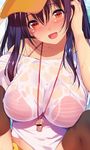  baseball_cap bikini black_hair blush breasts brown_legwear cleavage commentary_request hat large_breasts long_hair looking_at_viewer matarou_(genkai_toppa) open_mouth original red_eyes see-through shirt sitting smile solo striped striped_bikini swimsuit thighhighs wet wet_clothes whistle white_shirt 