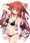  absurdres arm_up bikini black_bikini blush breasts cleavage closed_mouth cowboy_shot demon_tail head_wings heart heart-shaped_pupils highres koakuma long_hair looking_at_viewer maturiuta_sorato medium_breasts navel red_eyes red_hair shiny shiny_skin smile solo standing swimsuit symbol-shaped_pupils tail touhou twintails wings wrist_cuffs 