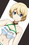  absurdres bare_shoulders blonde_hair blue_eyes blush braid breasts cleavage collarbone cwind darjeeling dutch_angle eyebrows eyebrows_visible_through_hair girls_und_panzer halter_top halterneck highres large_breasts looking_at_viewer midriff navel race_queen smile solo 