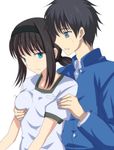  black_hair blue_eyes breast_grab brother_and_sister grabbing groping gym_uniform hairband incest long_hair short_hair siblings simple_background syou_(crecre) tied_hair toono_akiha toono_shiki tsukihime white_background 