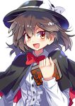  :d black_capelet black_hat blush book bow bowtie brown_eyes brown_hair buttons capelet commentary_request dr.latency's_freak_report e.o. hat hat_bow highres holding holding_book long_sleeves looking_at_viewer open_mouth red_bow red_neckwear shirt short_hair smile solo touhou upper_body usami_renko white_bow white_shirt 