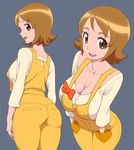  ass breasts brown_eyes brown_hair grey_background happinesscharge_precure! highres looking_at_viewer md5_mismatch medium_breasts oomori_yuuko overalls precure red-p short_hair simple_background smile solo wide_hips 