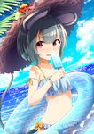  absurdres animal_ears bikini blue_bikini blue_sky blush cloud cloudy_sky collarbone cowboy_shot day flower food frilled_bikini frills grey_hair hat highres innertube looking_at_viewer mouse_ears mouse_tail navel nazrin nogisaka_kushio nose_blush outdoors palm_tree popsicle red_eyes short_hair sky solo standing summer sun_hat swimsuit tail touhou tree 