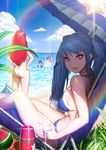  ass banajune bangs bare_arms beach beach_umbrella bendy_straw bikini blue_bikini blue_hair blue_ribbon blue_sky blue_swimsuit breasts chair character_request closed_mouth cloud cup day drill_hair drinking_glass drinking_straw eyelashes folding_chair food fruit grass hair_ribbon hands_on_hips highres holding holding_cup innertube large_breasts leaf lens_flare long_hair looking_at_viewer luthica_preventer multiple_girls ocean orange orange_slice outdoors pink_swimsuit rainbow red_eyes ribbon sand shade sitting sky smile splashing standing stomach strap_gap swimsuit sword_girls twin_drills twintails umbrella wading watermelon white_bikini 