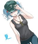  bare_shoulders blue_eyes blue_hair breasts collarbone cowboy_shot denim hair_bobbles hair_ornament hand_on_headwear hat hatching_(texture) highres jeans jewelry kashiwada_kiiho kawashiro_nitori key key_necklace necklace one_eye_closed open_mouth pants shy simple_background small_breasts smile solo tank_top touhou two_side_up white_background 
