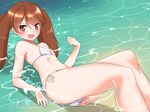  :d bare_arms bare_legs bare_shoulders bikini blush brown_eyes brown_hair fang flat_chest hair_between_eyes highres kantai_collection lying micro_bikini nebusoku on_back open_mouth partially_submerged ryuujou_(kantai_collection) sand side-tie_bikini smile solo stomach swimsuit thighs v-shaped_eyebrows water wet white_bikini 