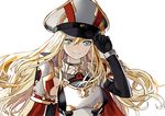  aiguillette alternate_costume arms_up bismarck_(kantai_collection) black_gloves blonde_hair blue_eyes cape closed_mouth commentary_request elbow_gloves frilled_sleeves frills glint gloves grey_hat hand_on_headwear hand_up hat kantai_collection light_smile long_hair long_sleeves looking_at_viewer luicent military military_uniform peaked_cap red_cape simple_background smile solo uniform upper_body white_background white_gloves 