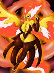  2016 absurd_res anthro beak big_breasts breasts claws cleavage clothed clothing female fire hi_res legendary_pok&eacute;mon legwear looking_at_viewer moltres nintendo pok&eacute;mon pok&eacute;morph solo spread_wings suirano toe_claws video_games wings 