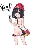  bag black_hair blue_eyes blush breasts handbag hat highres mizuki_(pokemon) morino_donguri navel nipples nude open_mouth panties panty_pull poke_ball pokemon pokemon_(game) pokemon_go pokemon_sm pussy short_hair small_breasts solo striped striped_panties sweatdrop uncensored underwear 