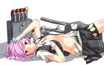  arai_harumaki arm_up bandaid bangs bike_shorts black_skirt black_vest blue_eyes breasts cowboy_shot eyebrows_visible_through_hair gloves hair_bobbles hair_ornament hand_on_own_chest hand_on_own_head kantai_collection looking_at_viewer lying navel on_back pink_hair pleated_skirt shadow shiranui_(kantai_collection) shirt short_sleeves shorts shorts_under_skirt simple_background skirt sleeveless small_breasts solo stomach torn_bike_shorts torn_clothes torn_gloves torn_shirt torn_skirt torn_vest vest white_background white_gloves white_shirt 