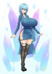  1girl azure_eyes azure_hair blue_bunny blue_eyes blue_hair breasts full_body huge_breasts long_hair looking_at_viewer scowl solo standing thighhighs very_long_hair 