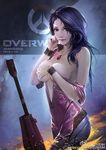  2016 artist_name artstation_sample bangs bare_shoulders black_hair bodysuit breasts brown_eyes closed_mouth copyright_name covering covering_breasts dated image_sample jewelry long_hair necklace number off_shoulder overwatch pink_bodysuit realistic sheng_mai solo swept_bangs watermark web_address widowmaker_(overwatch) 