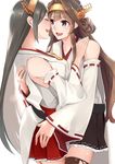  bare_shoulders black_hair blush brown_hair camel000 closed_eyes commentary_request detached_sleeves double_bun hair_ornament hairband haruna_(kantai_collection) headgear hug japanese_clothes kantai_collection kongou_(kantai_collection) long_hair multiple_girls nontraditional_miko open_mouth pleated_skirt ribbon-trimmed_sleeves ribbon_trim round_teeth simple_background skirt smile teeth white_background 