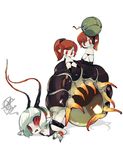  3girls amiami antennae ass bottomless clenched_teeth female flat_chest insect_girl monster_girl multiple_girls pale_skin pointy_ears ponytail red_eyes simple_background squiggle topless white_background 