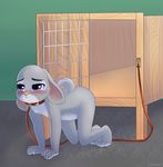  2016 4_fingers 4_toes all_fours anthro blush breasts cage collar cosmicvanellope disney female frown inside judy_hopps lagomorph leash mammal nipples nude rabbit simple_background small_breasts solo toes zootopia 