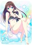  barefoot bikini black_hair green_eyes idolmaster idolmaster_cinderella_girls long_hair satou_satoru shell shibuya_rin shorts smile solo swimsuit 