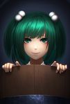  blue_background bucket green_eyes green_hair hair_bobbles hair_ornament in_bucket in_container kisume looking_at_viewer minami_koyogi shiny shiny_hair short_hair smile solo touhou wooden_bucket 