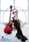  absurdres breasts commentary electric_guitar food guitar headphones highres instrument large_breasts long_hair looking_at_viewer macaron nitroplus photo-referenced pink_eyes pink_hair sg sitting skydrg smile solo super_sonico thighhighs 