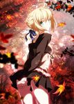  1girl blonde_hair bow dress fate/hollow_ataraxia fate/stay_night fate_(series) from_behind green_eyes hands_behind_back leaves looking_back official_art saber smile solo takeuchi_takashi 