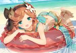  :d anklet ass bare_arms bare_legs bare_shoulders barefoot beach beach_towel black_bow blue_eyes blush bow breasts capelet cleavage cloud collarbone cross dappled_sunlight day downblouse dutch_angle eyebrows eyebrows_visible_through_hair feet_together flower full_body granblue_fantasy hair_bow hair_flower hair_ornament hairband hanging_breasts horizon innertube jewelry long_hair looking_at_viewer lying medium_breasts ocean on_stomach open_mouth orange_hair outdoors peko sand sara_(granblue_fantasy) sarong shore smile solo summer sunlight towel transparent water white_flower 