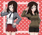  :d black_neckwear blush bomber_jacket brown_hair eeshin_(eishin5584) girls_und_panzer grey_eyes hand_on_hip jacket long_hair megumi_(girls_und_panzer) necktie open_clothes open_jacket open_mouth pleated_skirt polka_dot polka_dot_background rectangle red_background salute shorts skirt smile solo two-finger_salute uniform 