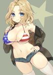  american_flag_bikini bikini bikini_top blonde_hair blue_eyes blush breasts cutoffs denim denim_shorts flag_print girls_und_panzer hand_on_hip jacket kay_(girls_und_panzer) large_breasts looking_at_viewer military military_uniform mirei navel saunders_military_uniform short_hair short_shorts shorts smile solo star swimsuit thighhighs uniform white_legwear 