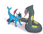  2016 ambiguous_gender coiling davespers duo ear_frills eeveelution feral frill mammal nintendo open_mouth pok&eacute;mon reptile scalie seviper simple_background snake vaporeon video_games white_background 