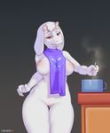  2016 anthro breasts caprine chelodoy cloth cooking cooking_pot female fur goat hi_res invalid_tag looking_at_viewer mammal nipples patreon pussy red_eyes solo steam toriel undertale video_games white_fur 