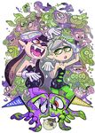  6+boys 6+girls aori_(splatoon) cat character_name domino_mask earrings fangs green_hair highres hotaru_(splatoon) inkling jajji-kun_(splatoon) jewelry mask matthieu_cousin mole mole_under_eye monster_boy monster_girl multiple_boys multiple_girls object_on_head pointy_ears ponytail purple_hair shoes short_eyebrows sneakers sparkle splatoon squid sweat tentacle_hair 