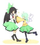  black_hair black_legwear blush bow frills green_hair hair_bow happy highres komeiji_koishi long_hair multiple_girls open_mouth rakucat reiuji_utsuho skirt smile star thighhighs third_eye touhou wings 