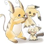  costume drawfag eye_contact gen_1_pokemon gen_2_pokemon gen_7_pokemon highres looking_at_another mimikyu no_humans non-web_source pichu pichu_(cosplay) pikachu pikachu_costume pokemon pokemon_(creature) raichu sketch standing sweat trembling 